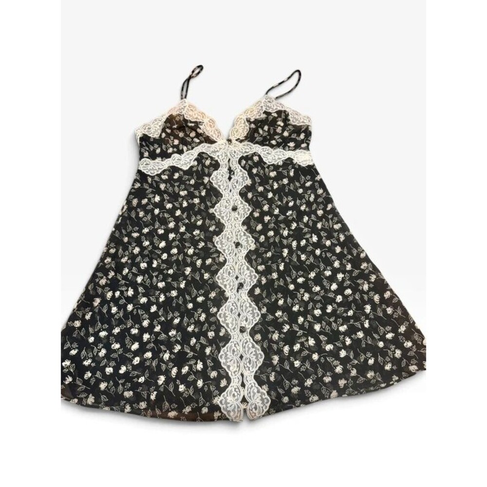 Vintage Josie Natorie Slip Dress Black & White Floral & Lace 90s Y2K Med
